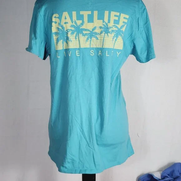 Salt Life Live Salty Pastel Green Yellow Cotton Cap Sleeve Palm Promenade Tee M - Picture 11 of 16